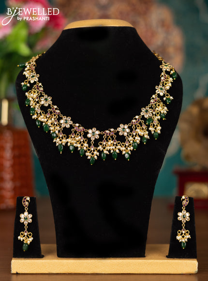 Antique guttapusalu necklace with kemp & cz stones and pearl & green beads hangings