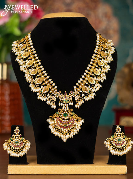 Antique guttapusalu necklace manga & peacock design with kemp & cz stones and pearl hangings