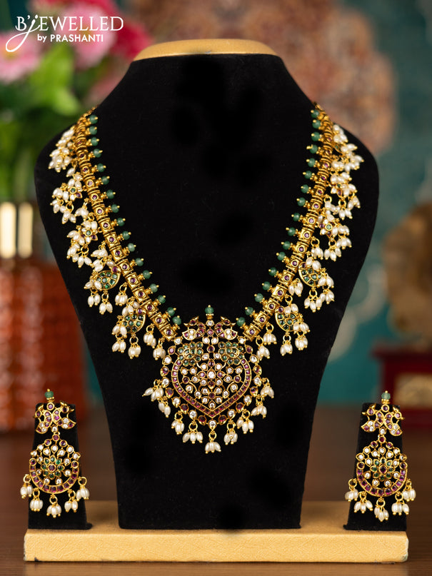 Antique guttapusalu necklace manga & peacock design with kemp & cz stones and pearl hangings