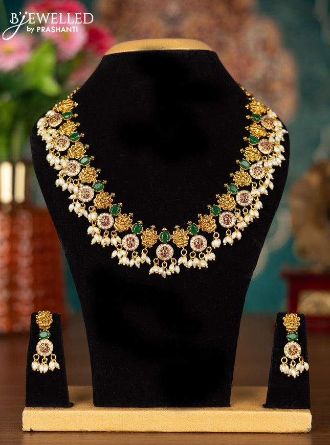 Antique guttapusalu necklace lakshmi design with kemp & cz stones and pearl hangings