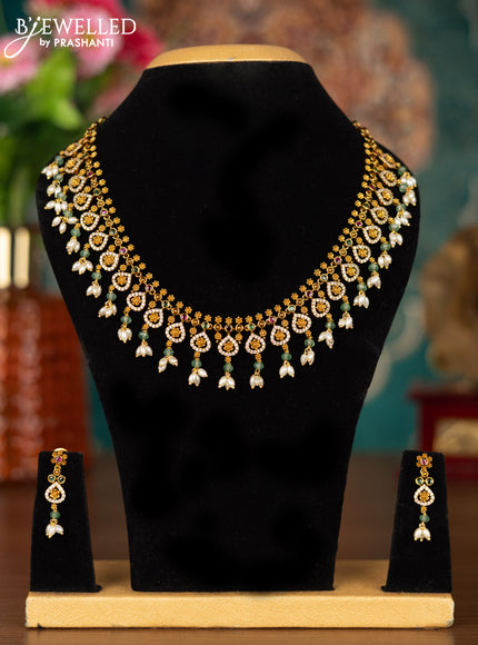 Antique guttapusalu necklace floral design with kemp & cz stones and pearl hangings