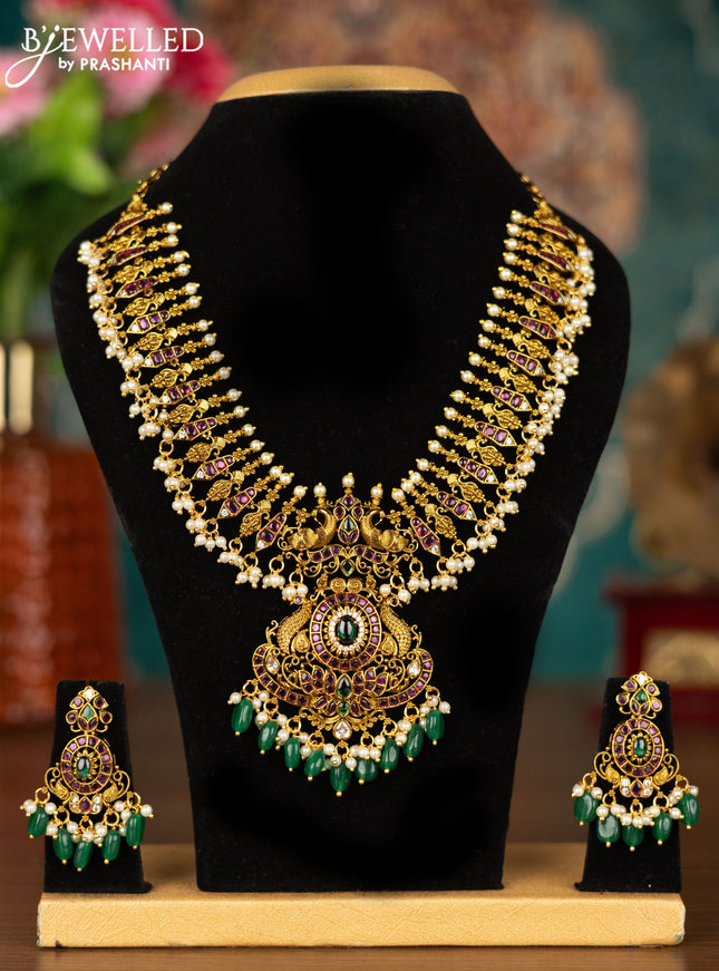 Antique guttapusalu necklace peacock design with kemp & cz stones and pearl & green beads hangings