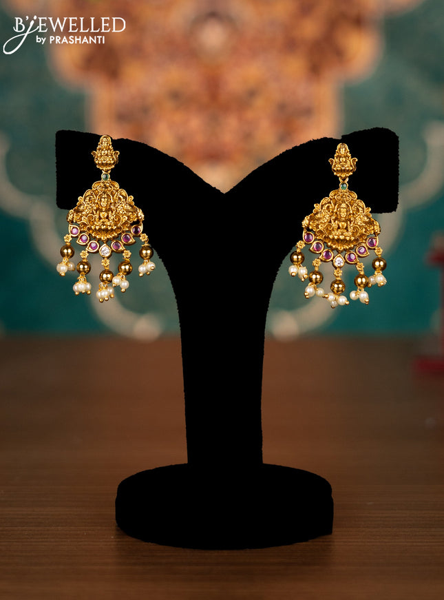 Antique guttapusalu necklace lakshmi design with kemp & cz stones and pearl & golden beads hangings