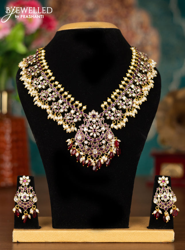 Antique guttapusalu necklace with maroon & kundan stones and pearl & maroon beads hangings