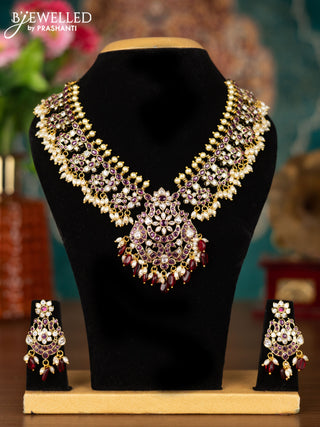 Antique guttapusalu necklace with maroon & kundan stones and pearl & maroon beads hangings