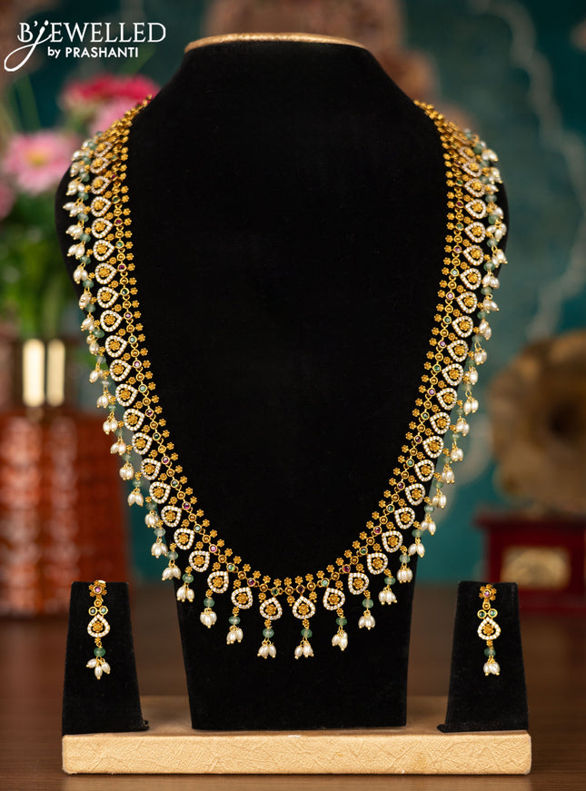 Antique guttapusalu haram floral design with kemp & cz stones and pearl hangings