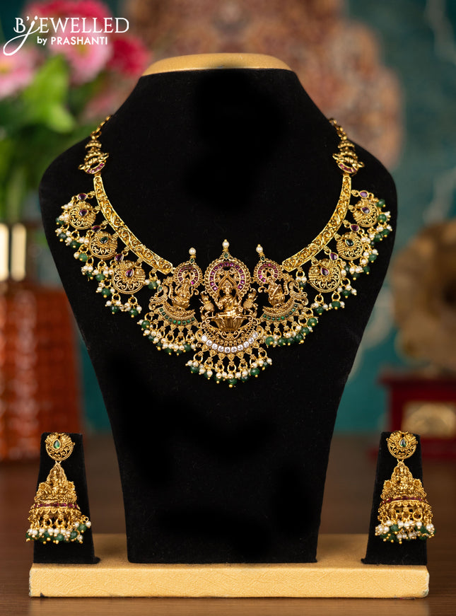 Antique guttapusalu necklace lakshmi design with kemp & cz stones and pearl & green beads hangings
