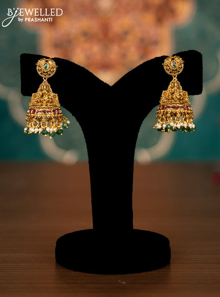 Antique guttapusalu necklace lakshmi design with kemp & cz stones and pearl & green beads hangings
