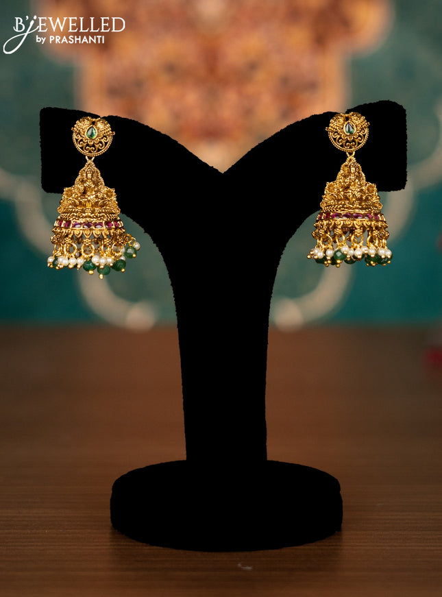 Antique guttapusalu necklace lakshmi design with kemp & cz stones and pearl & green beads hangings