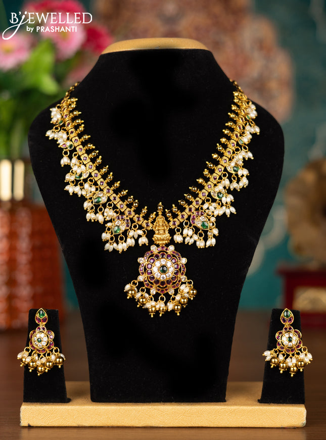 Antique guttapusalu necklace lakshmi design with kemp & cz stones and pearl & golden beads hangings