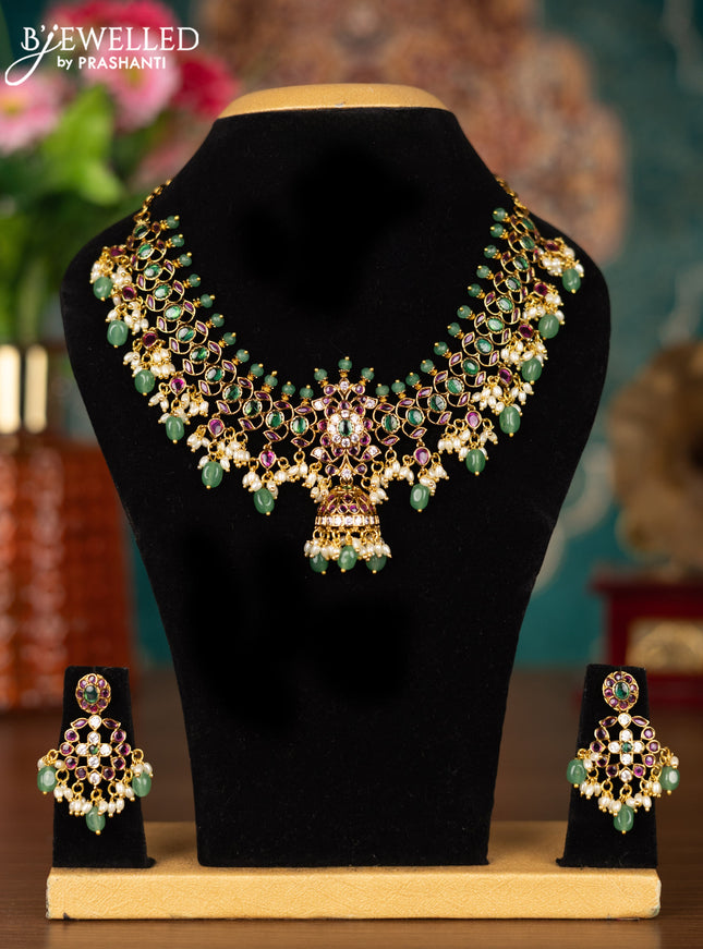 Antique guttapusalu necklace changeable pendant with kemp & cz stones and pearl & mint green beads hangings