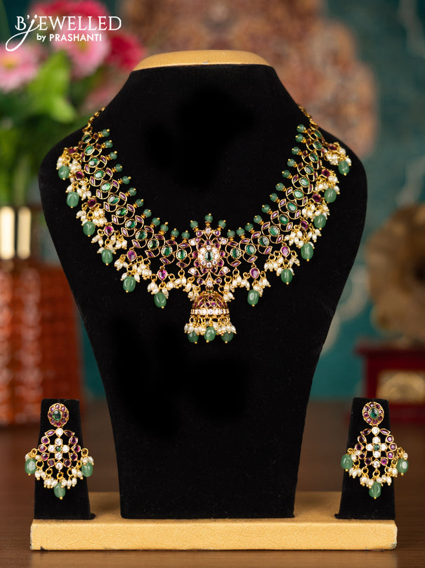 Antique guttapusalu necklace changeable pendant with kemp & cz stones and pearl & mint green beads hangings