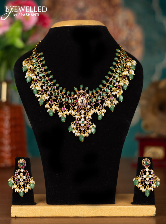 Antique guttapusalu necklace changeable pendant with kemp & cz stones and pearl & mint green beads hangings