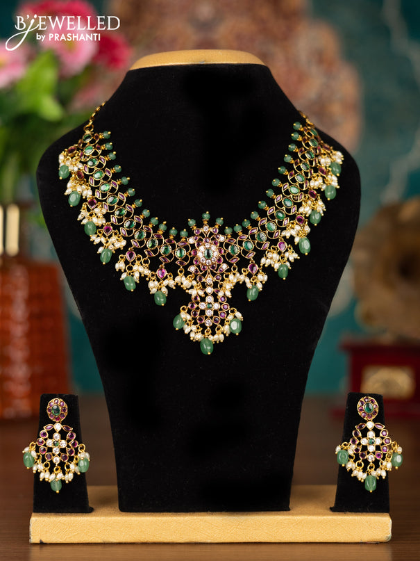 Antique guttapusalu necklace changeable pendant with kemp & cz stones and pearl & mint green beads hangings