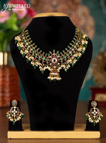 Antique guttapusalu necklace changeable pendant with kemp & cz stones and pearl & green beads hangings