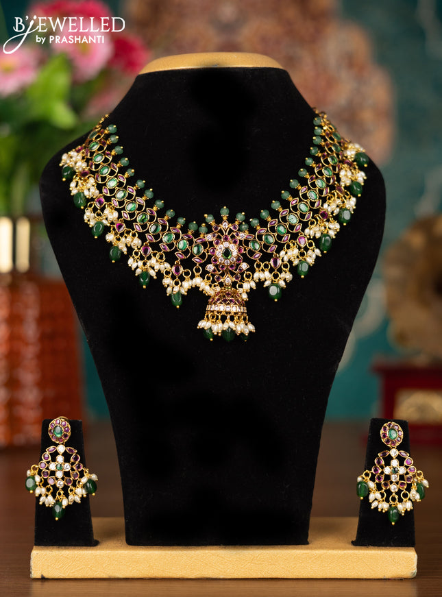 Antique guttapusalu necklace changeable pendant with kemp & cz stones and pearl & green beads hangings