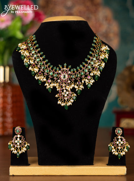 Antique guttapusalu necklace changeable pendant with kemp & cz stones and pearl & green beads hangings