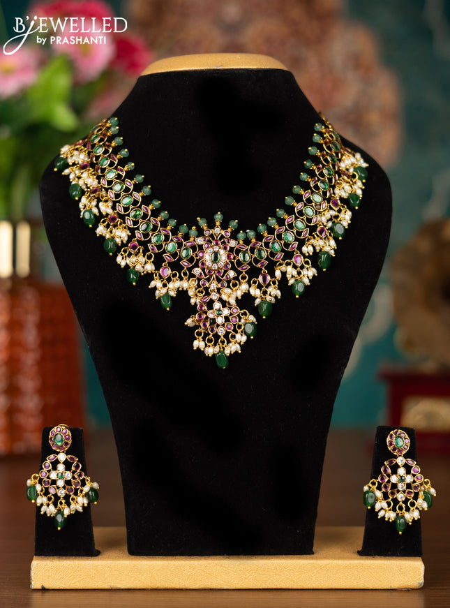 Antique guttapusalu necklace changeable pendant with kemp & cz stones and pearl & green beads hangings