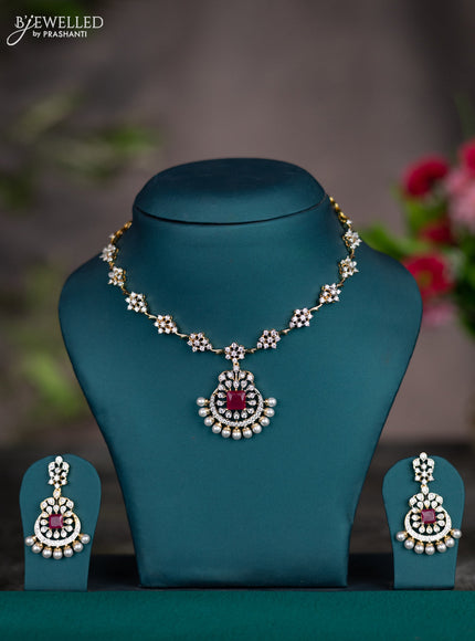 Zircon necklace with ruby & cz stones and pearl hangings in gold finish