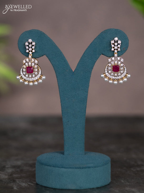 Zircon necklace with ruby & cz stones and pearl hangings in gold finish