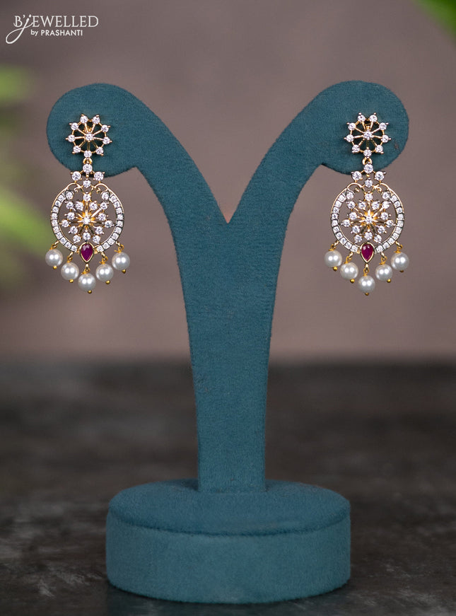 Zircon necklace with ruby & cz stones and pearl hangings in gold finish