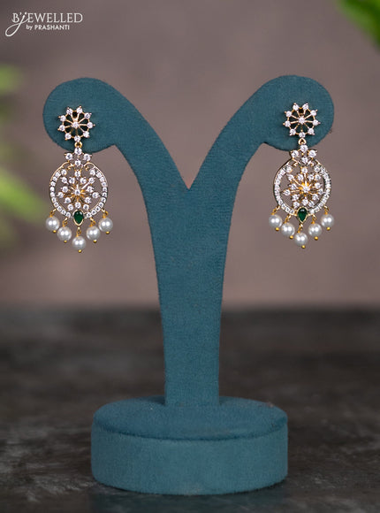 Zircon necklace with emerald & cz stones and pearl hangings in gold finish
