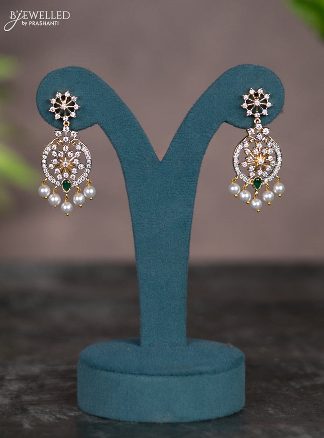 Zircon necklace with emerald & cz stones and pearl hangings in gold finish