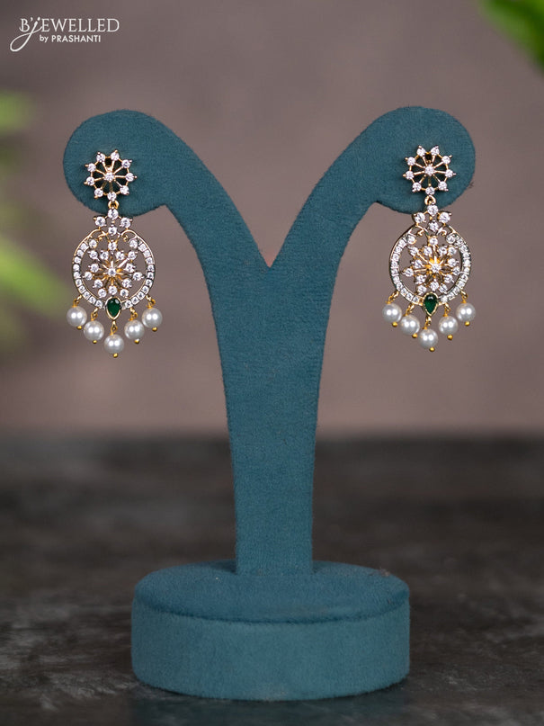 Zircon necklace with emerald & cz stones and pearl hangings in gold finish