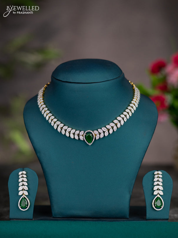 Zircon necklace leaf design with emerald and cz stones in gold finish