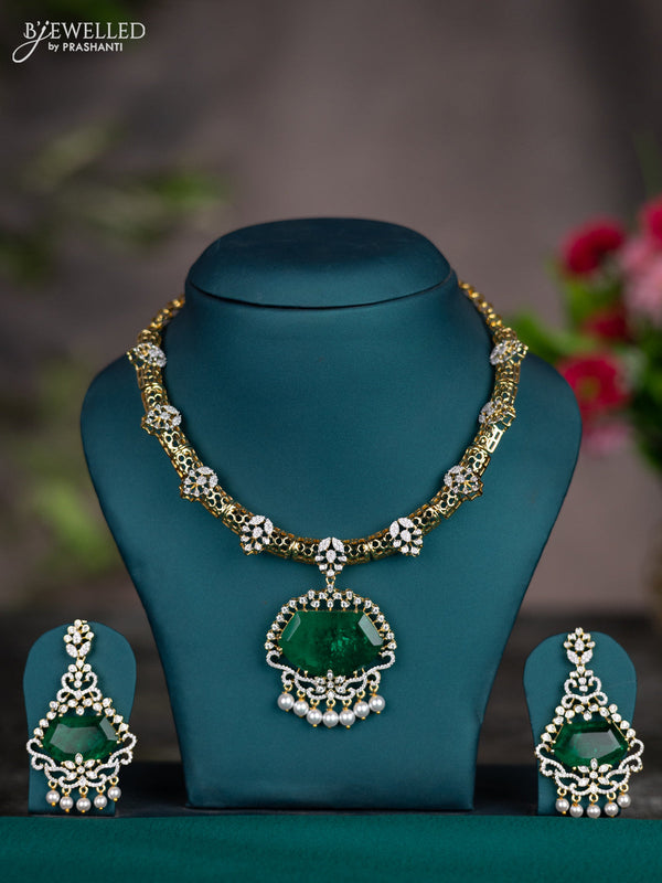Zircon necklace with emerald & cz stones and pearl hangings in gold finish