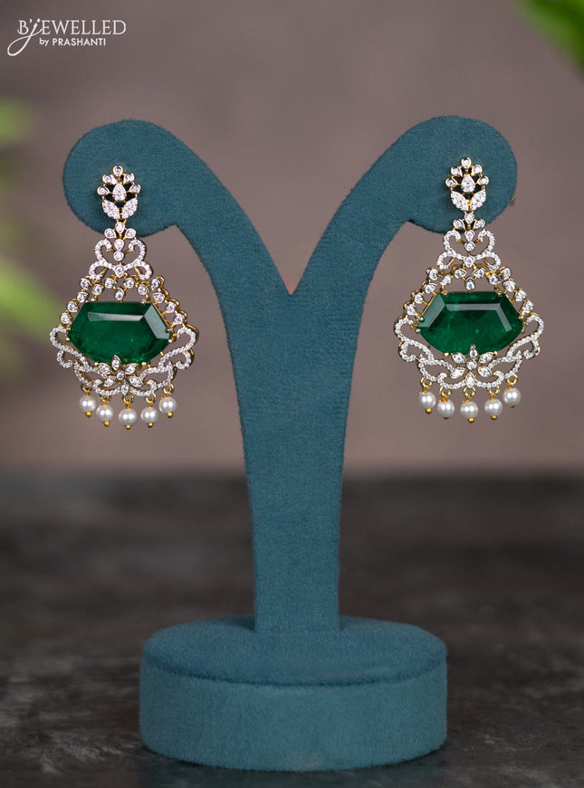 Zircon necklace with emerald & cz stones and pearl hangings in gold finish