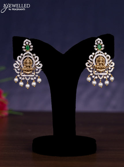 Zircon haram lakshmi design with emerald & cz stones and pearl hangings in gold finish