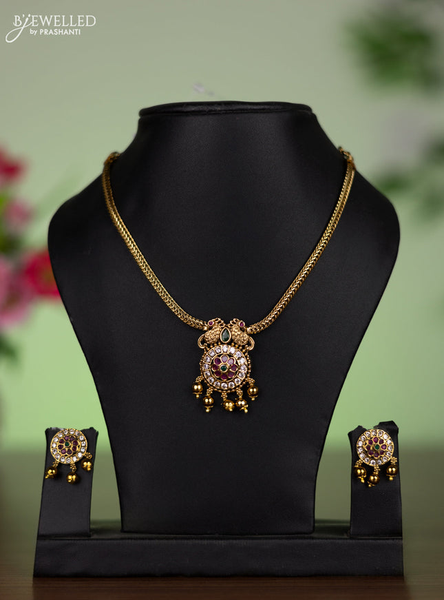 Antique attigai necklace peacock design with kemp & cz stones and golden beads hangings