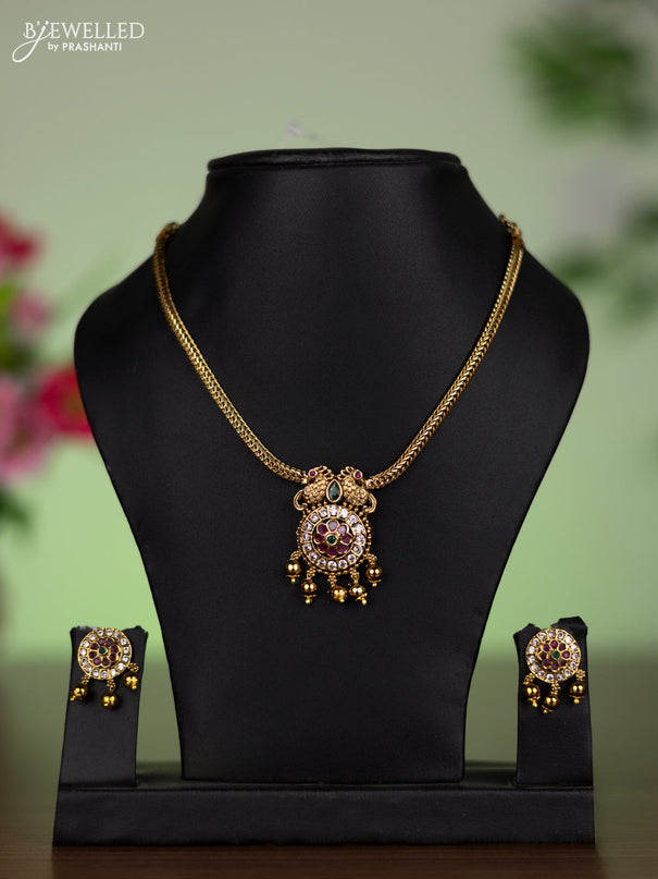Antique attigai necklace peacock design with kemp & cz stones and golden beads hangings