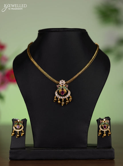 Antique attigai necklace peacock design with kemp & cz stones and golden beads hangings