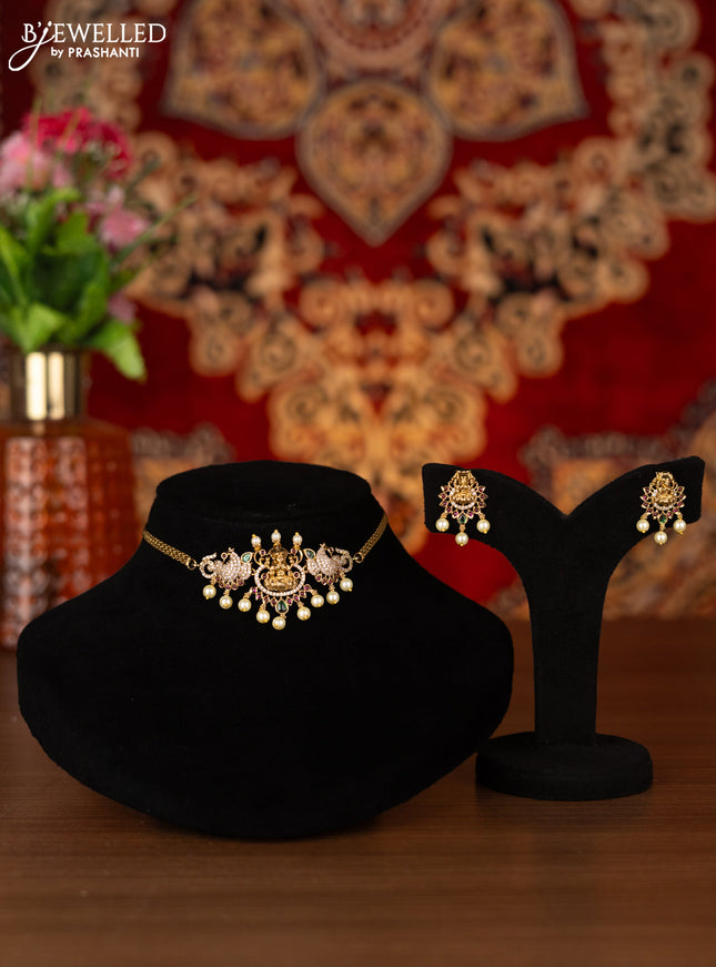 Antique choker lakshmi design with kemp & cz stones and pearl hangings