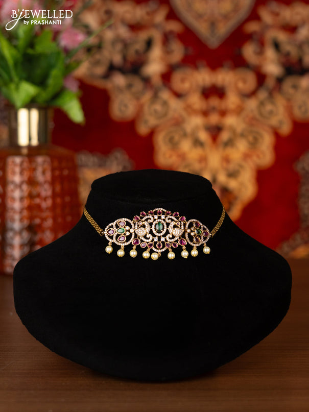 Antique choker peacock design with kemp & cz stones and pearl hangings