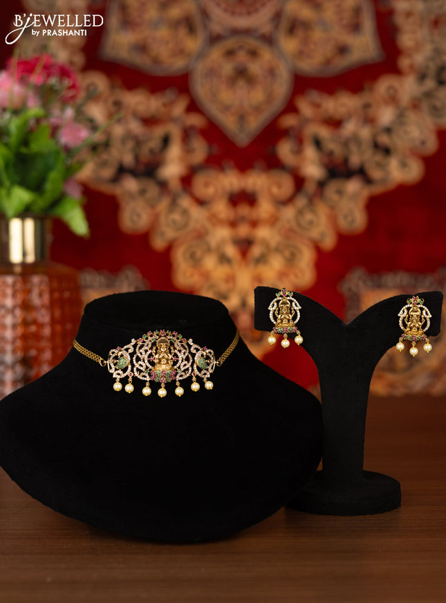 Antique choker lakshmi design with kemp & cz stones and pearl hangings