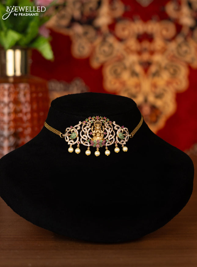 Antique choker lakshmi design with kemp & cz stones and pearl hangings