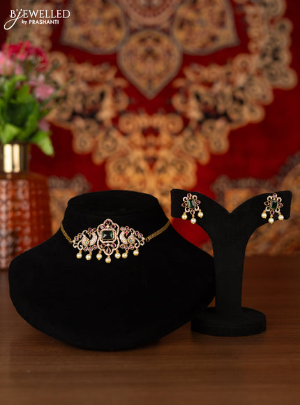 Antique choker peacock design with kemp & cz stones and pearl hangings