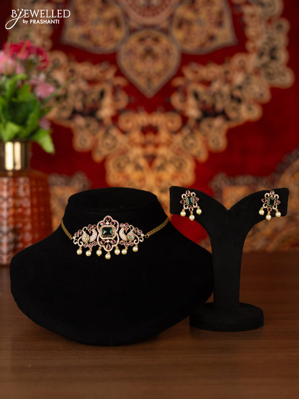 Antique choker peacock design with kemp & cz stones and pearl hangings
