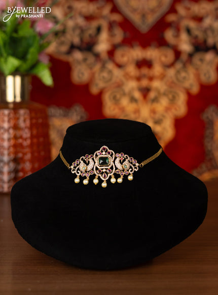 Antique choker peacock design with kemp & cz stones and pearl hangings