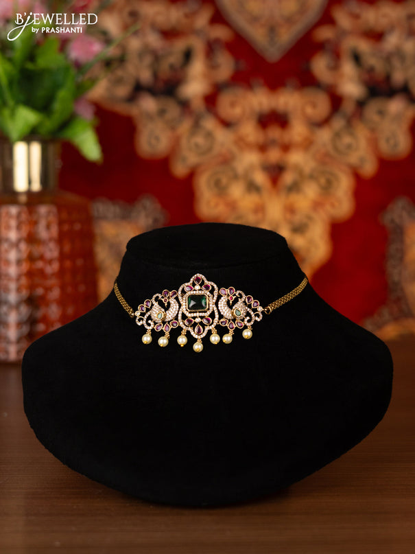 Antique choker peacock design with kemp & cz stones and pearl hangings