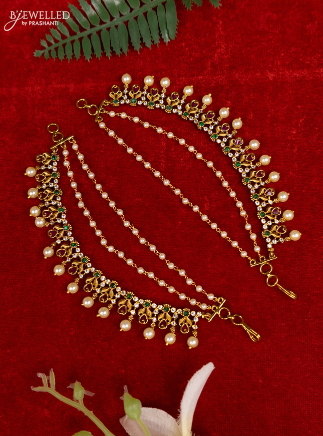 Antique triple layer mattal with kemp & cz stones and pearl hangings