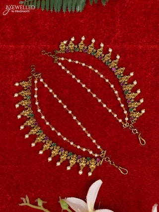 Antique triple layer mattal lakshmi design with kemp stones and pearl hangings