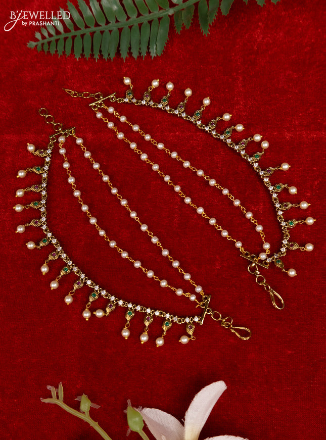 Antique triple layer mattal with kemp & cz stones and pearl hangings