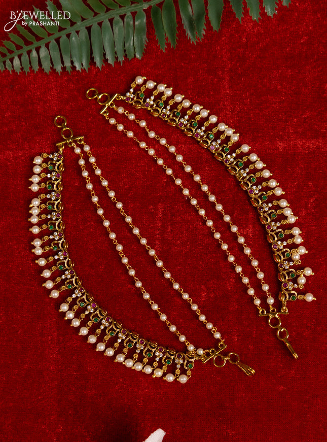Antique triple layer mattal with kemp & cz stones and pearl hangings