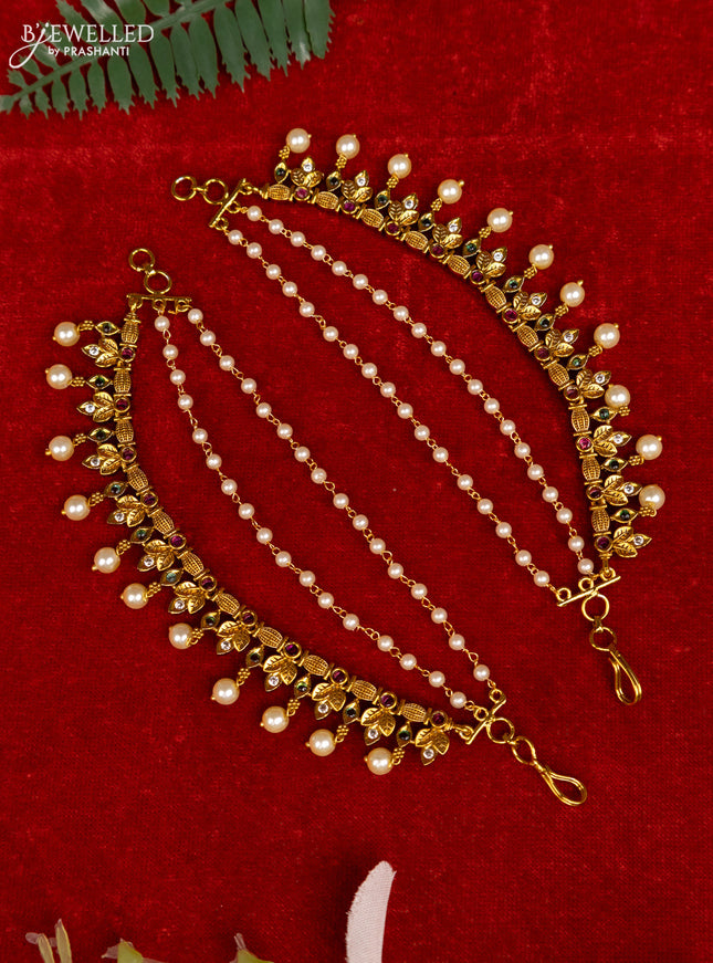 Antique triple layer mattal with kemp & cz stones and pearl hangings