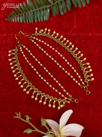 Antique triple layer mattal with kemp & cz stones and pearl hangings