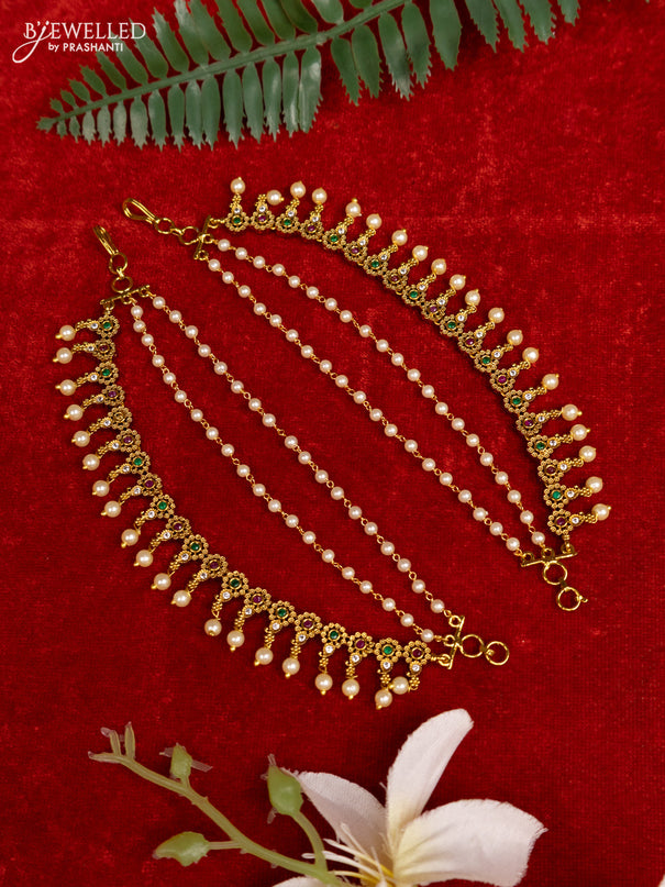 Antique triple layer mattal with kemp & cz stones and pearl hangings